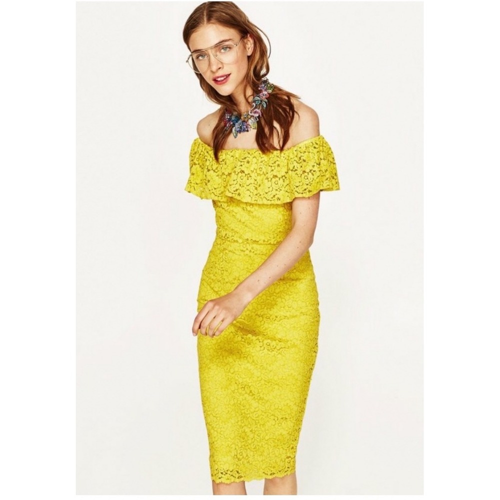 Zara Canary Yellow Floral Lace  Ruffle Midi Dress Off Shoulder